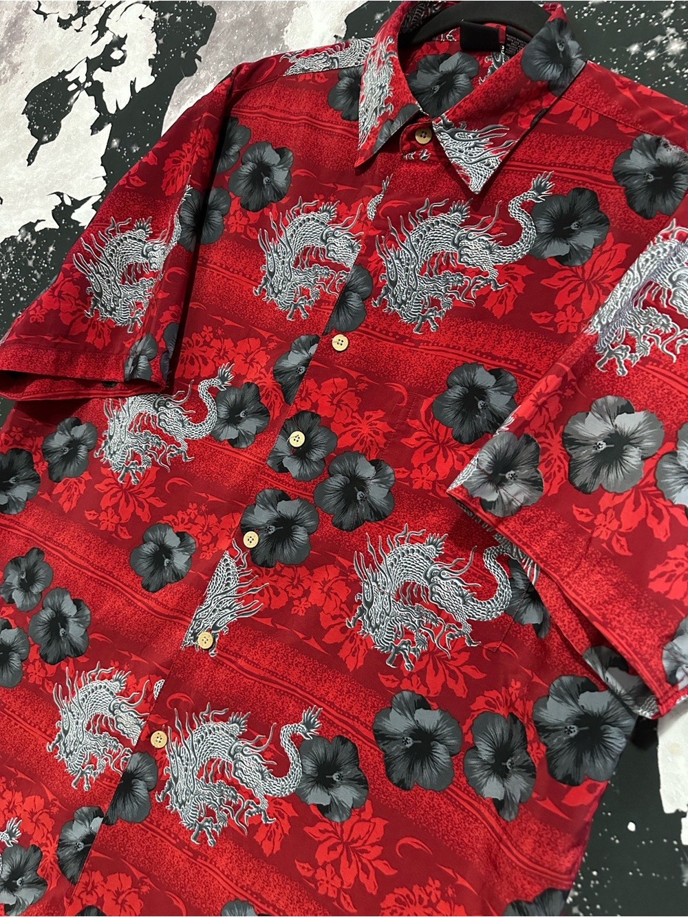 Dragons & Flowers Hawaiian Style Button Up Shirt - Picture 2 of 8